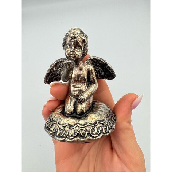 Vintage Silver Plated Cherub Angel W/ Wings Cupid Kneeling Figurine 3” - Picture 5 of 7